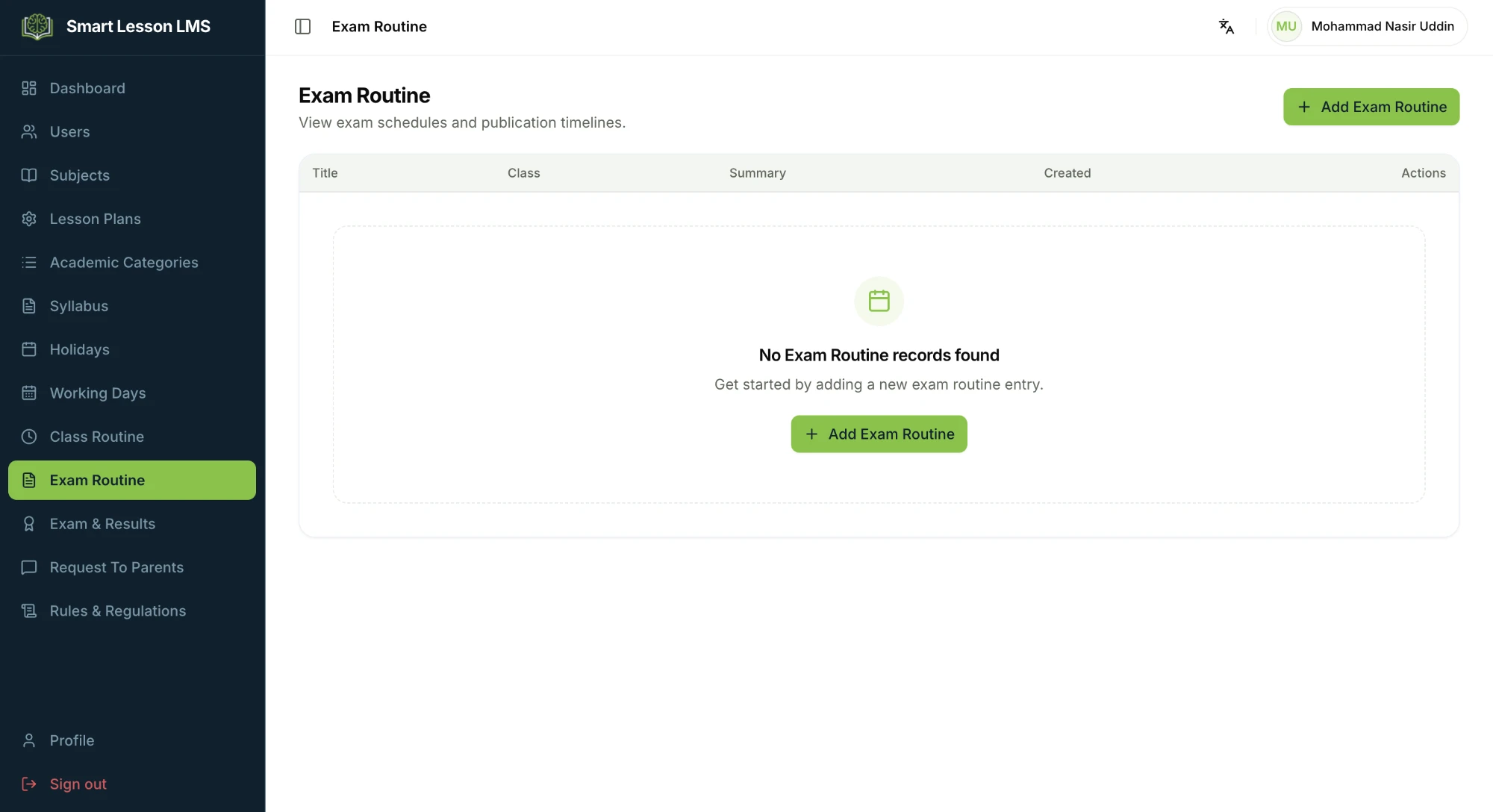 Smart Lesson LMS exam routine planner with date schedules and room allocations