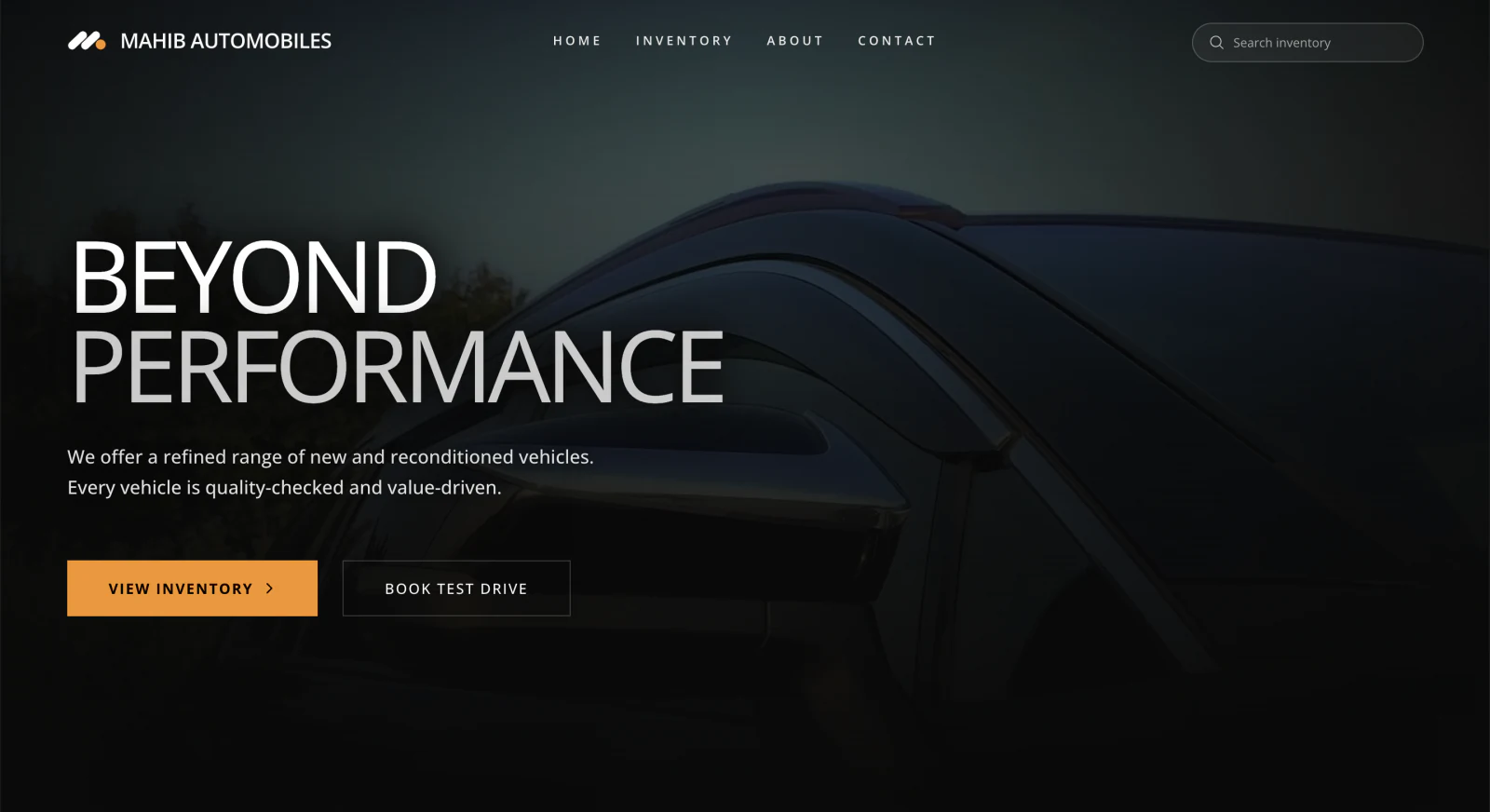 Mahib Automobiles car dealership website homepage with Beyond Performance hero