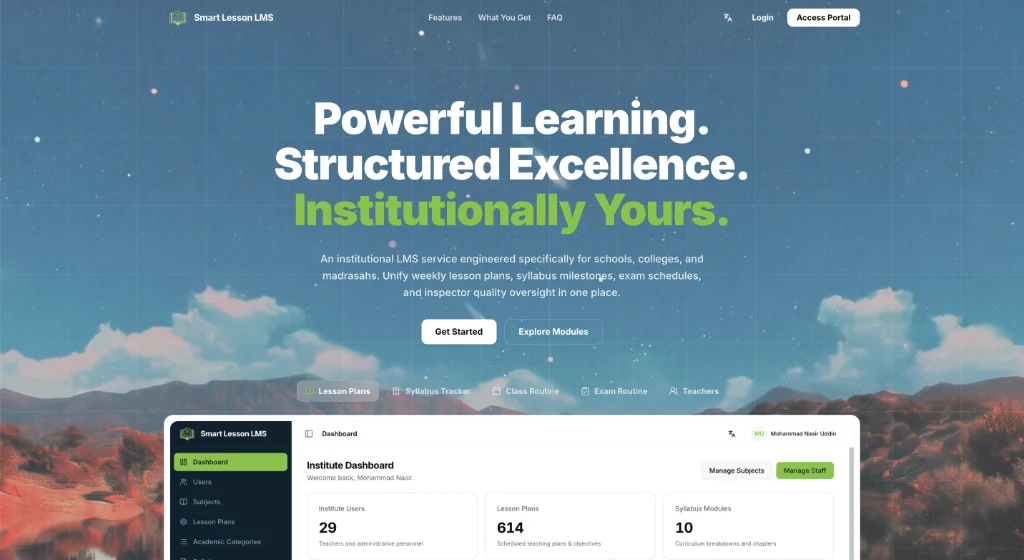Smart Lesson LMS institutional platform overview and dashboard
